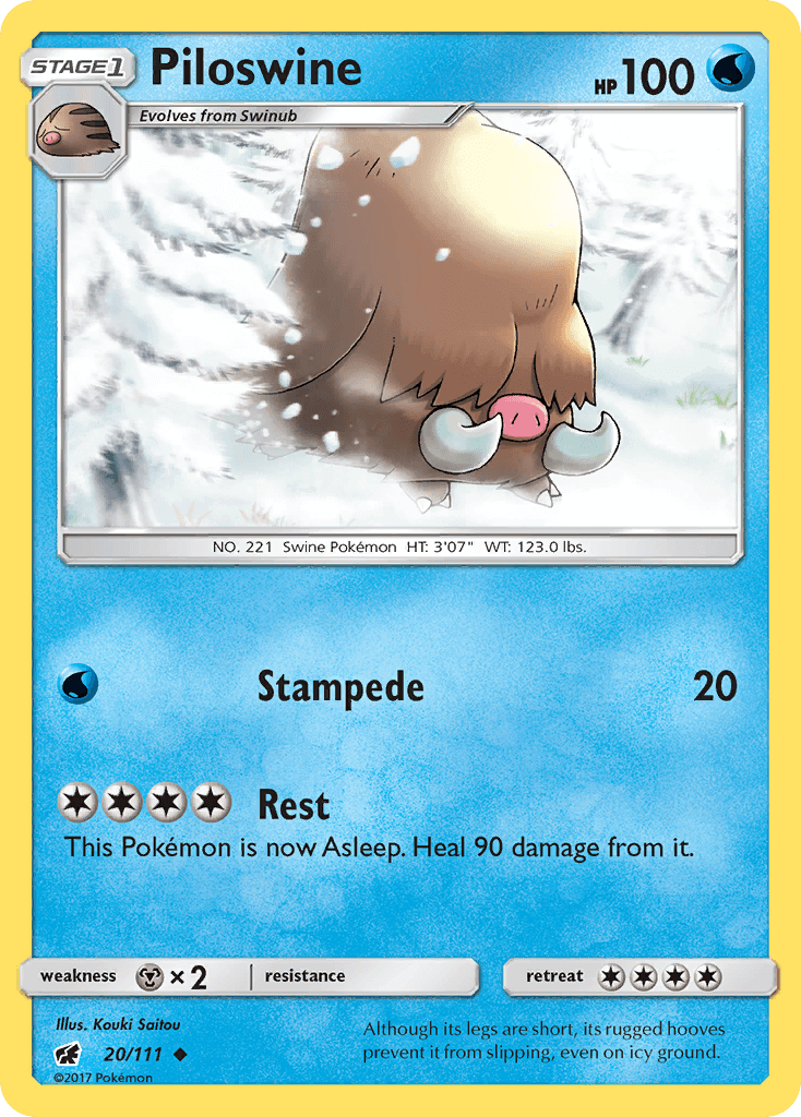Piloswine (20/111) [Sun & Moon: Crimson Invasion] card artwork featuring HP100 and attack details.