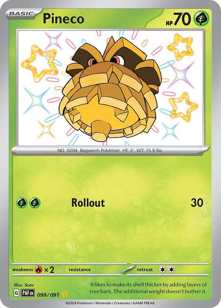 Pineco (099/091) [Scarlet & Violet: Paldean Fates] Grass type shiny rare Pokémon card with quirky design.