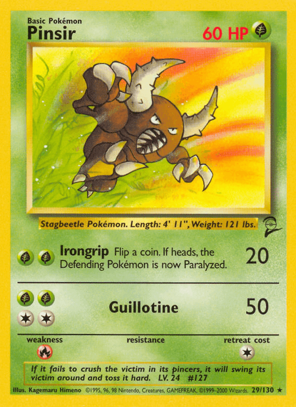 Pinsir (29/130) [Base Set 2] Pokémon card featuring Grass type, rare card with Irongrip and Guillotine moves.