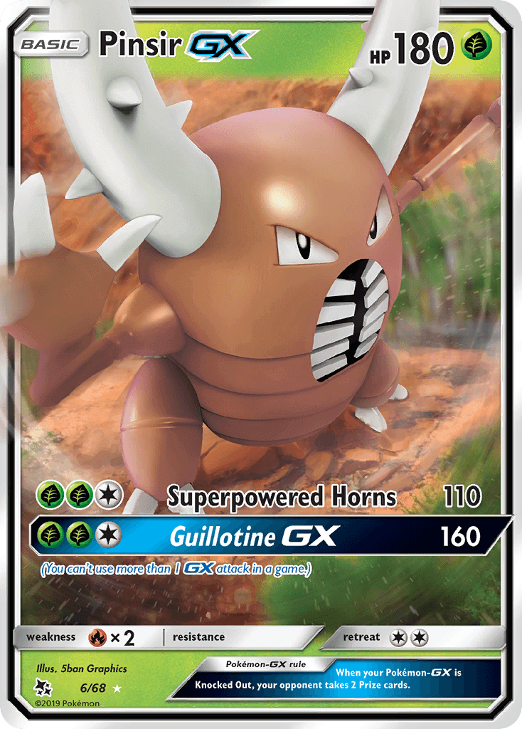 Pinsir GX (6/68) [Sun & Moon: Hidden Fates] card showcasing Superpowered Horns and Guillotine GX moves.