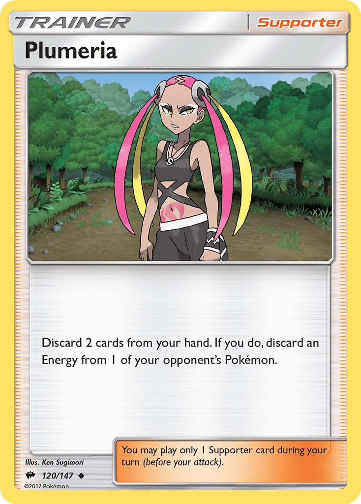 Plumeria (120/147) [Sun & Moon: Burning Shadows] Trainer card featuring character art and effects.