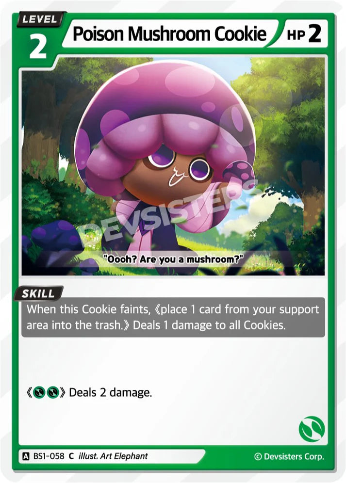 Poison Mushroom Cookie BS1-058 C | Common Card featuring cute mushroom character and gameplay details.