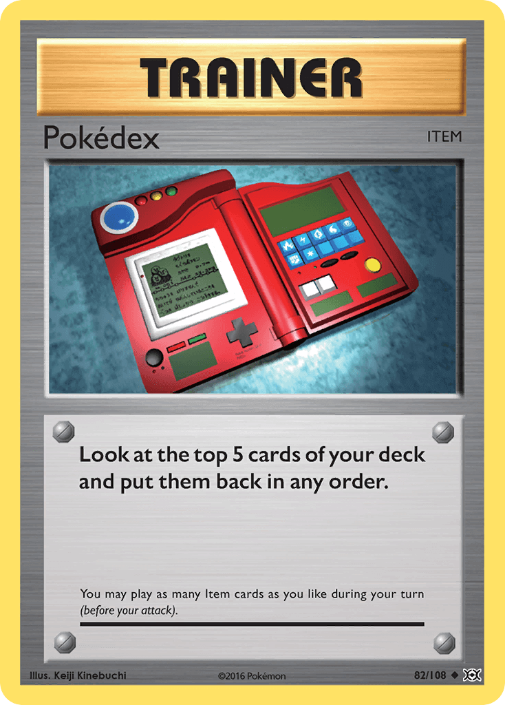 Pokedex (82/108) [XY: Evolutions] card features Trainer item with instructions for card deck management.