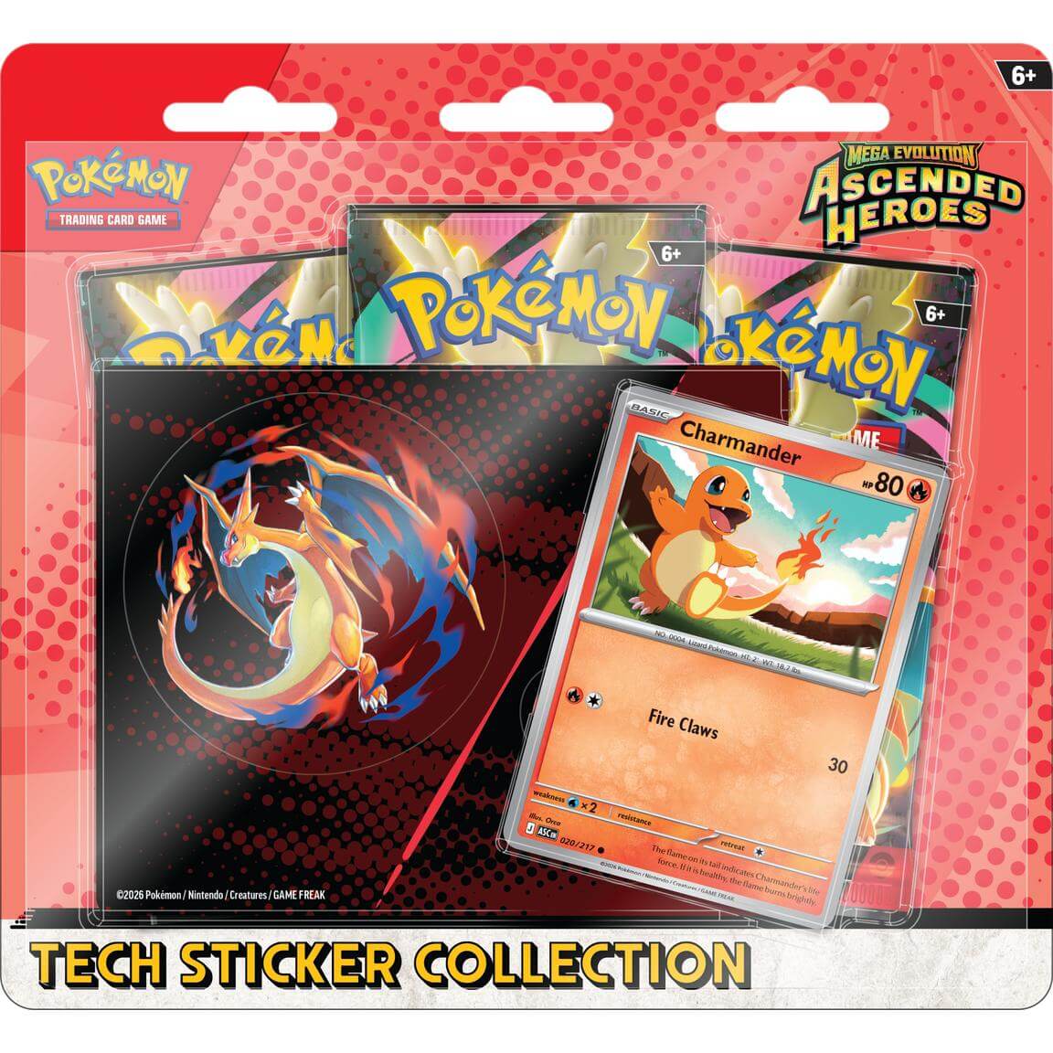 Pokemon Ascended Heroes Tech Sticker Collection - Charmander featuring Charmander and Mega Charizard Y.