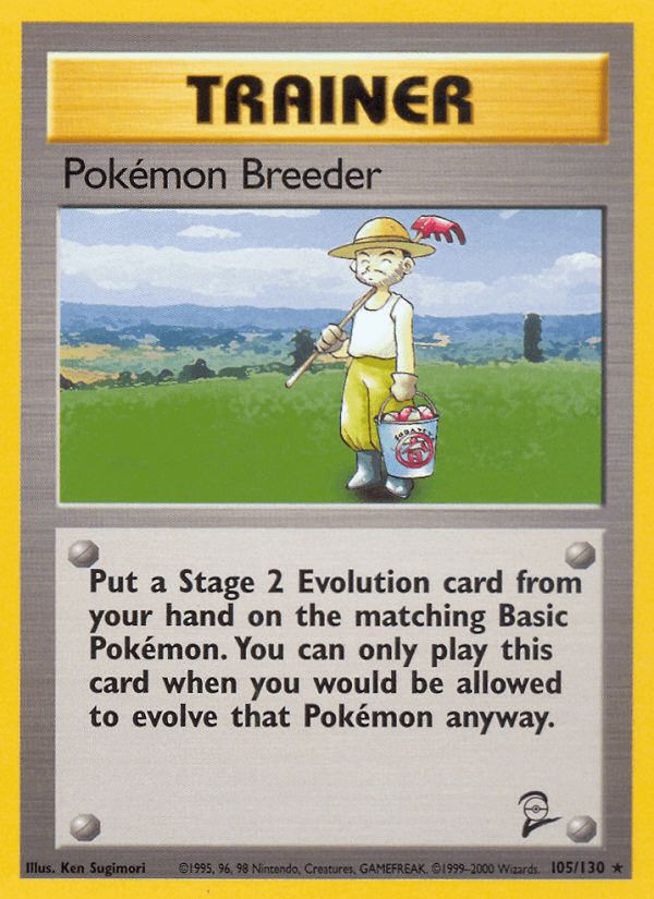 Pokemon Breeder (105/130) [Base Set 2] Trainer card illustration showcasing gameplay instructions.