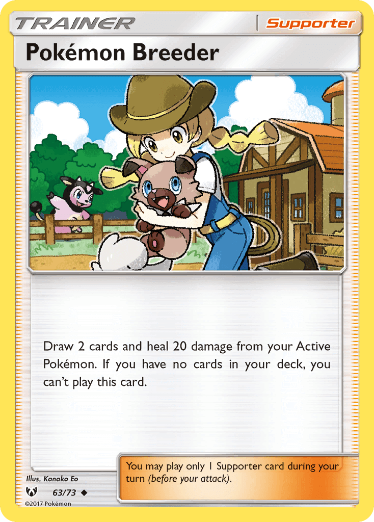Pokémon Breeder (63/73) [Sun & Moon: Shining Legends] Supporter card illustration with trainer and Pokémon.
