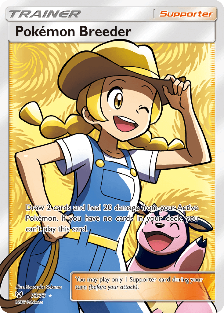 Pokemon Breeder (73/73) [Sun & Moon: Shining Legends] Supporter card illustration with trainer and Pokémon.