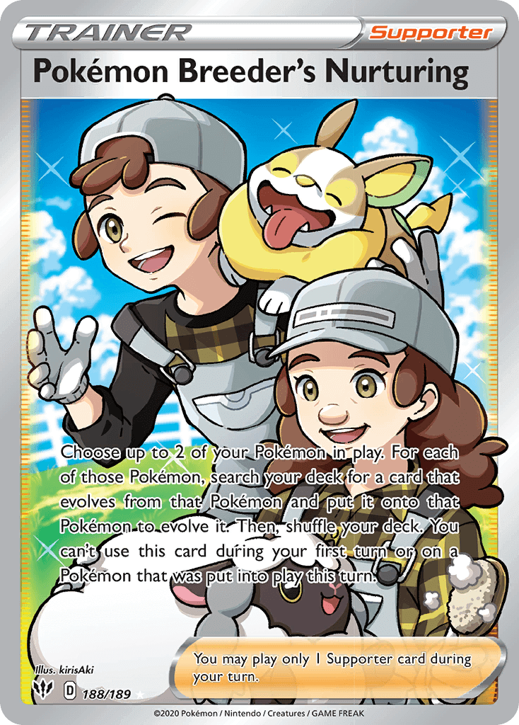 Pokémon Breeder's Nurturing (188/189) [Sword & Shield: Darkness Ablaze] card featuring a trainer and their Pokémon.
