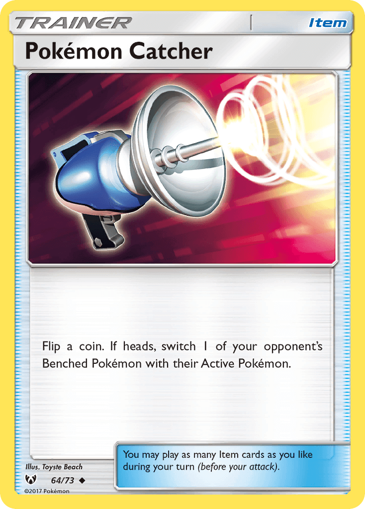 Pokemon Catcher (64/73) [Sun & Moon: Shining Legends] card with a unique item illustration and game instructions.