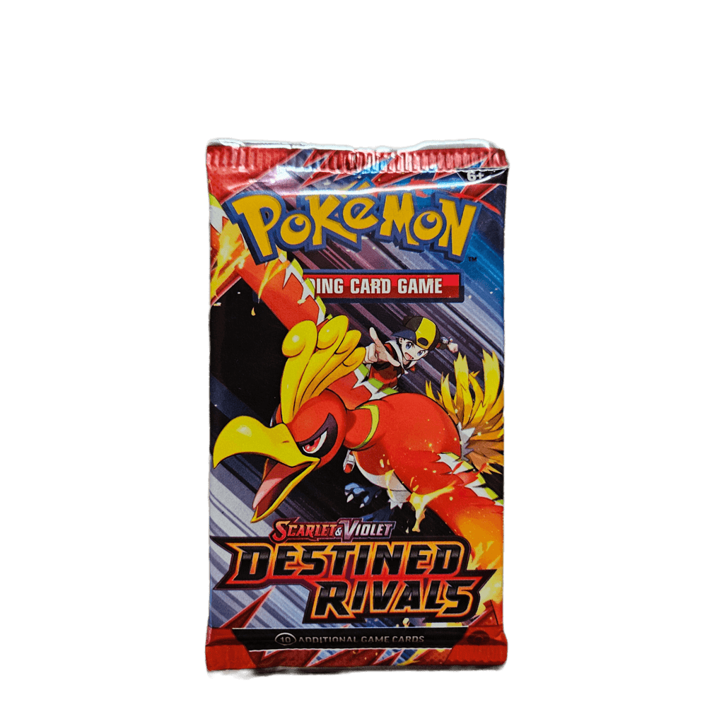 Pokemon Destined Rivals Booster Pack featuring Scarlet and Violet characters on the packaging.