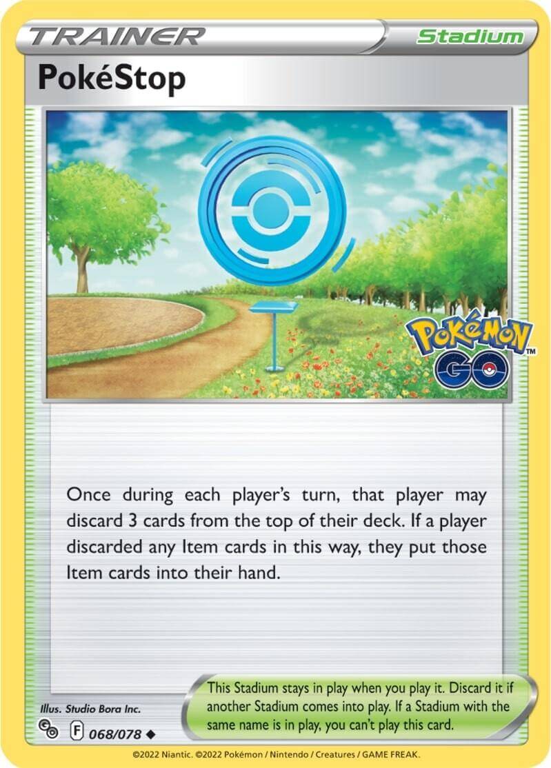 PokeStop (068/078) [Pokémon GO] Stadium card image featuring vibrant park scenery and instructions for gameplay.