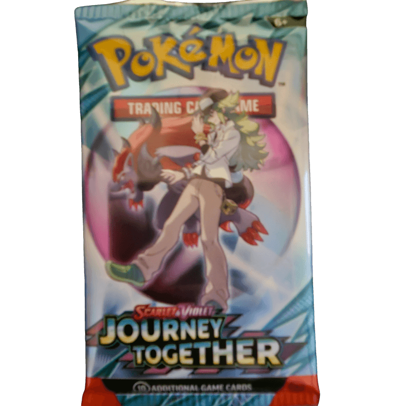 Pokémon Journey Together Booster Pack featuring Pokémon characters and game art in a sealed package.