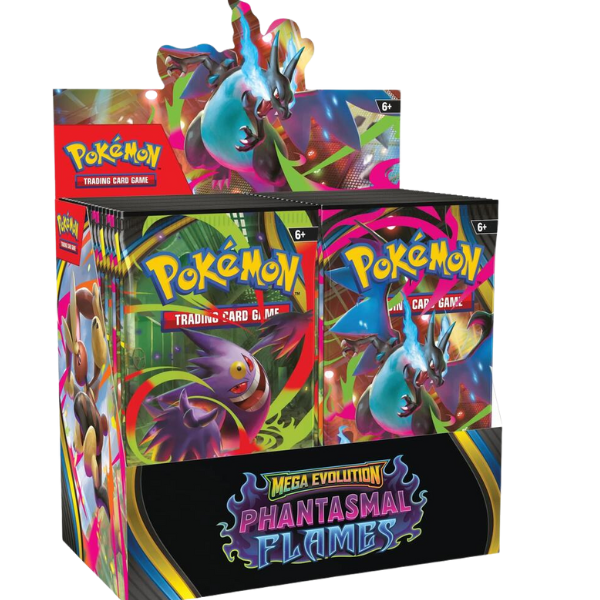 Phantasmal Flame Booster Box display featuring Mega Charizard and Mega Gengar Pokémon trading cards.