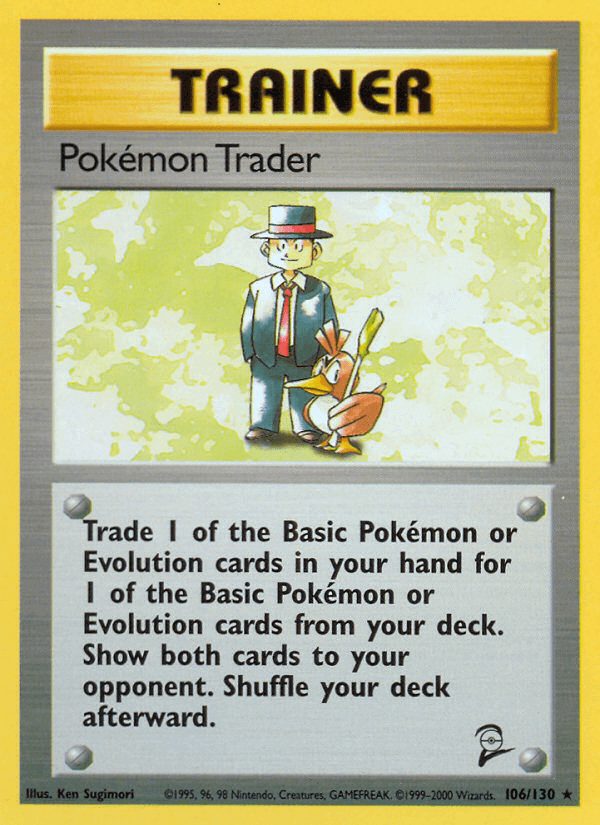 Pokemon Trader (106/130) [Base Set 2] Rare Trainer card, featuring a trader exchanging Pokémon cards.