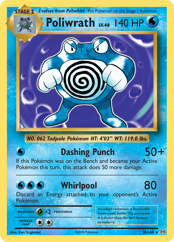 Poliwrath (25/108) [XY: Evolutions] card featuring HP, attacks, and illustration by Ken Sugimori.