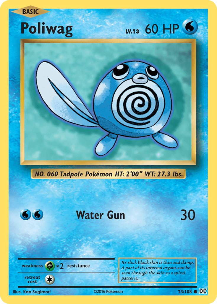 Poliwag (23/108) [XY: Evolutions] card featuring Water Gun attack and common rarity.