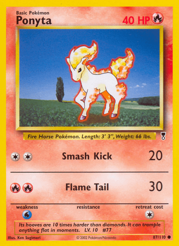 Ponyta (87/110) [Legendary Collection] card featuring a fire horse with vibrant flames and stats for Smash Kick and Flame Tail.