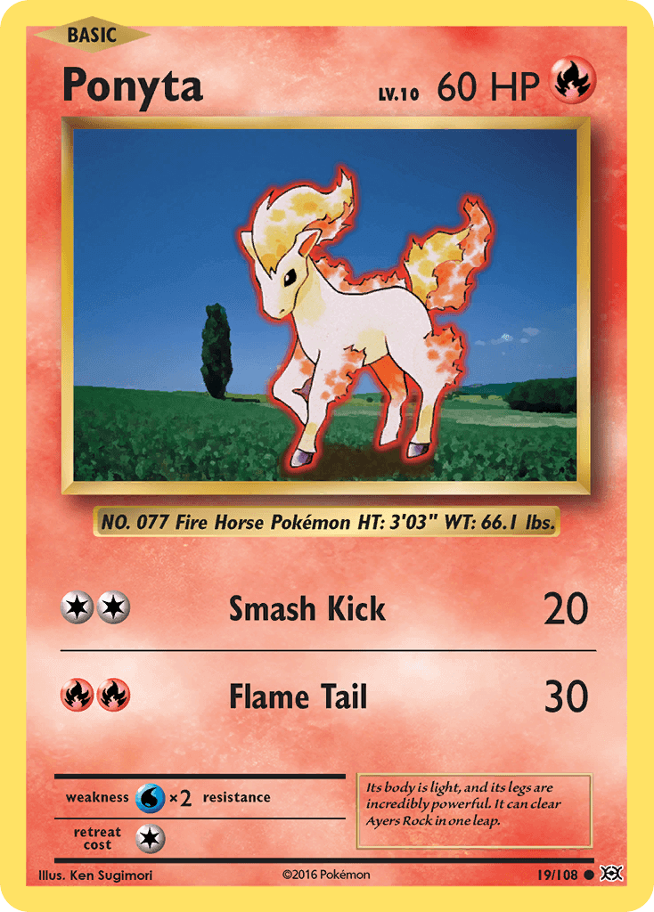 Ponyta (19/108) [XY: Evolutions] trading card featuring the Fire Horse Pokémon with Flame Tail attack.