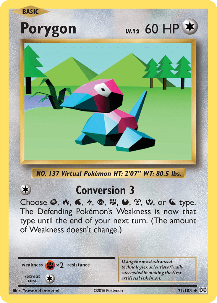 Porygon (71/108) [XY: Evolutions] card featuring a 3D geometric design and nature background.