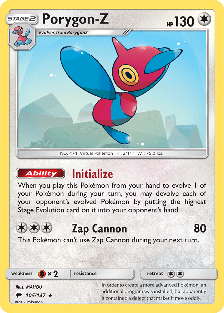 Porygon-Z (105/147) [Sun & Moon: Burning Shadows] Holo Rare card featuring colorful artwork and abilities.
