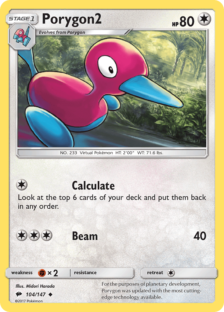 Porygon2 (104/147) [Sun & Moon: Burning Shadows] card displaying abilities and stats, including Calculate and Beam attacks.