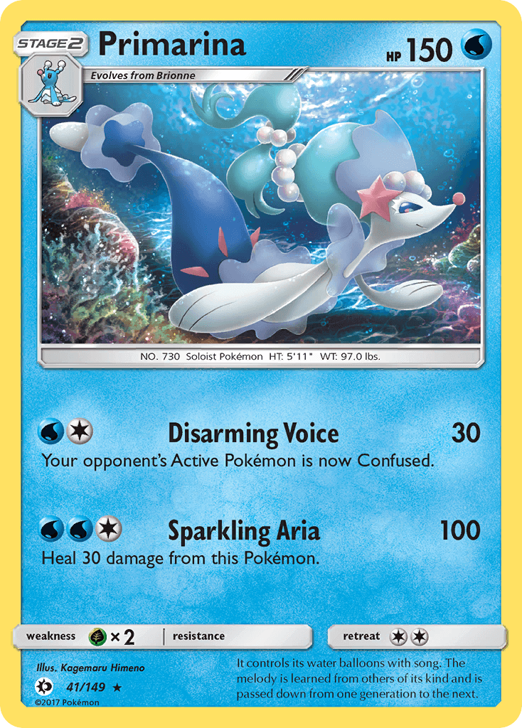 Primarina (41/149) [Sun & Moon: Base Set] card featuring HP 150 and moves Disarming Voice and Sparkling Aria.