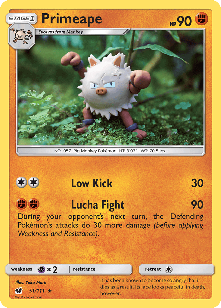 Primeape (51/111) [Sun & Moon: Crimson Invasion] card showcasing its abilities and stats.