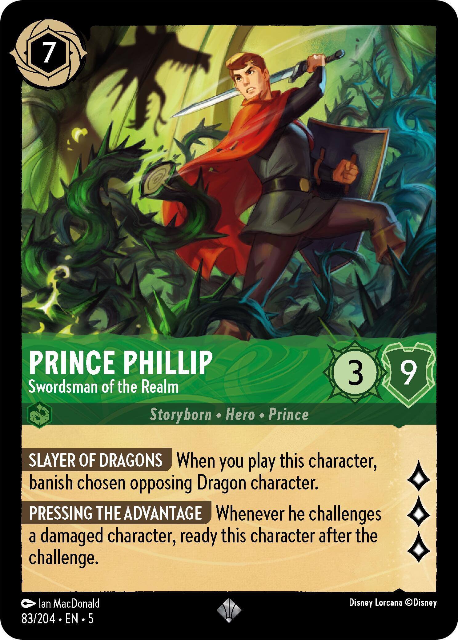 Prince Phillip - Swordsman of the Realm (83/204) [Shimmering Skies] collectible card with character abilities.