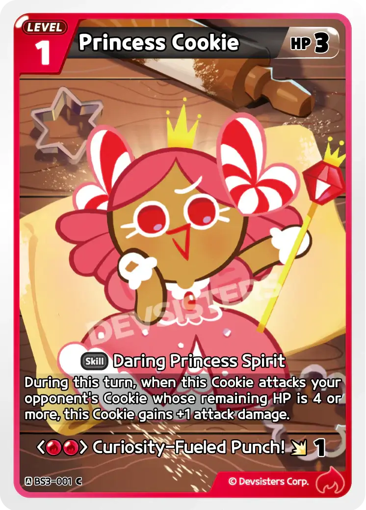 Princess Cookie BS3-001 C | Common Card featuring character with candy accessories and Daring Princess Spirit skill.
