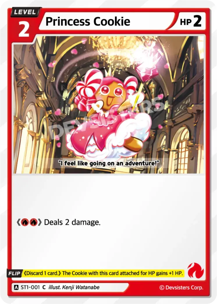 Princess Cookie ST1-001 C | Common Card featuring a cute cookie in a pink dress and a picturesque background.