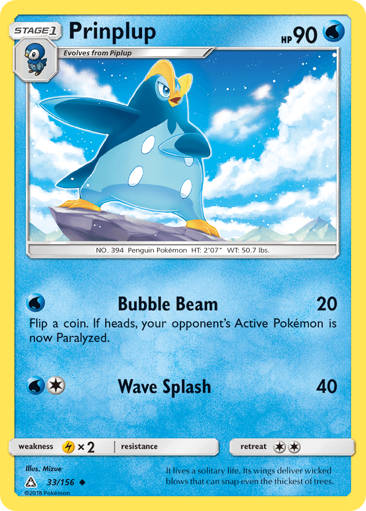 Prinplup (33/156) [Sun & Moon: Ultra Prism] card featuring Water-type attacks and artwork.