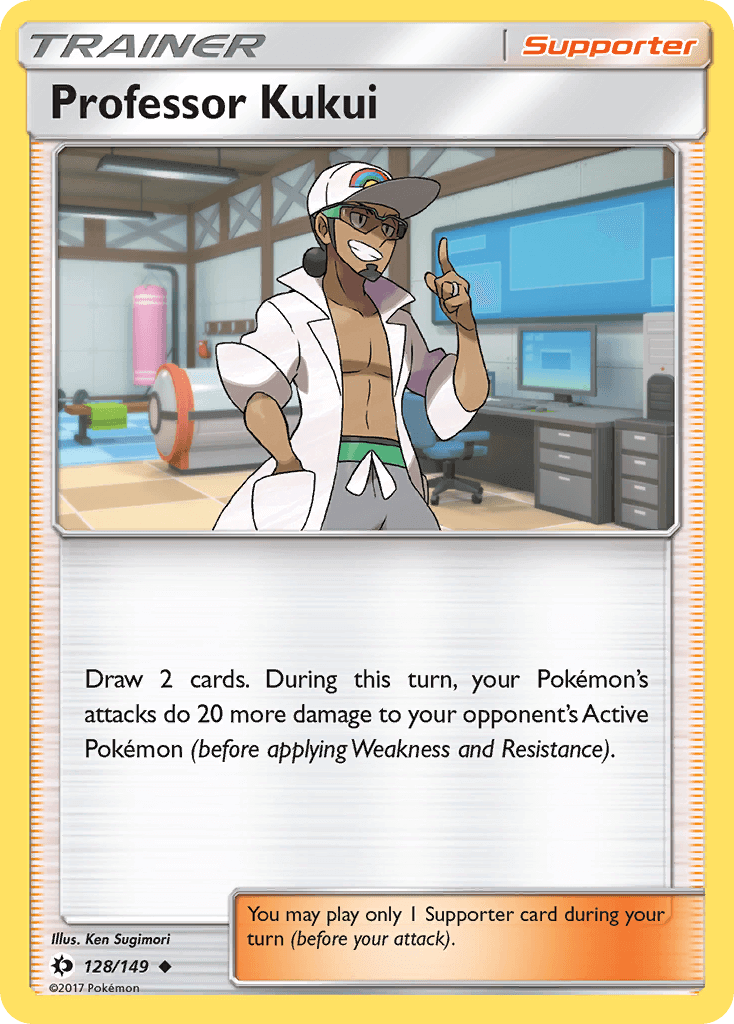 Professor Kukui (128/149) [Sun & Moon: Base Set] Supporter card showing the effects and design details.