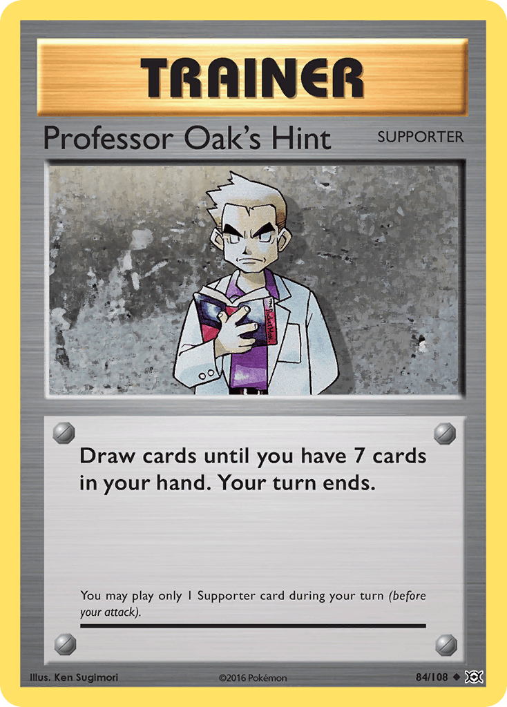 Professor Oak's Hint (84/108) [XY: Evolutions] card illustration featuring the Trainer and its game effects.
