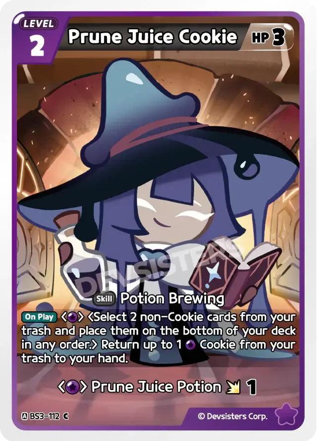 Prune Juice Cookie BS3-112 C | Common Card featuring Potion Brewing skill and Prune Juice Potion.