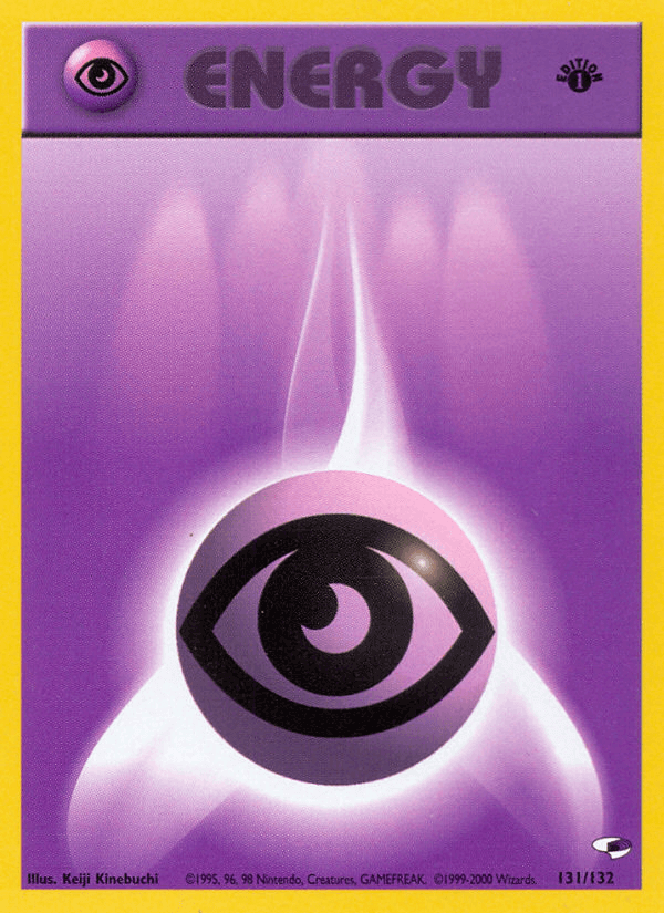 Psychic Energy (131/132) [Gym Heroes 1st Edition] card featuring a purple design and an eye symbol.