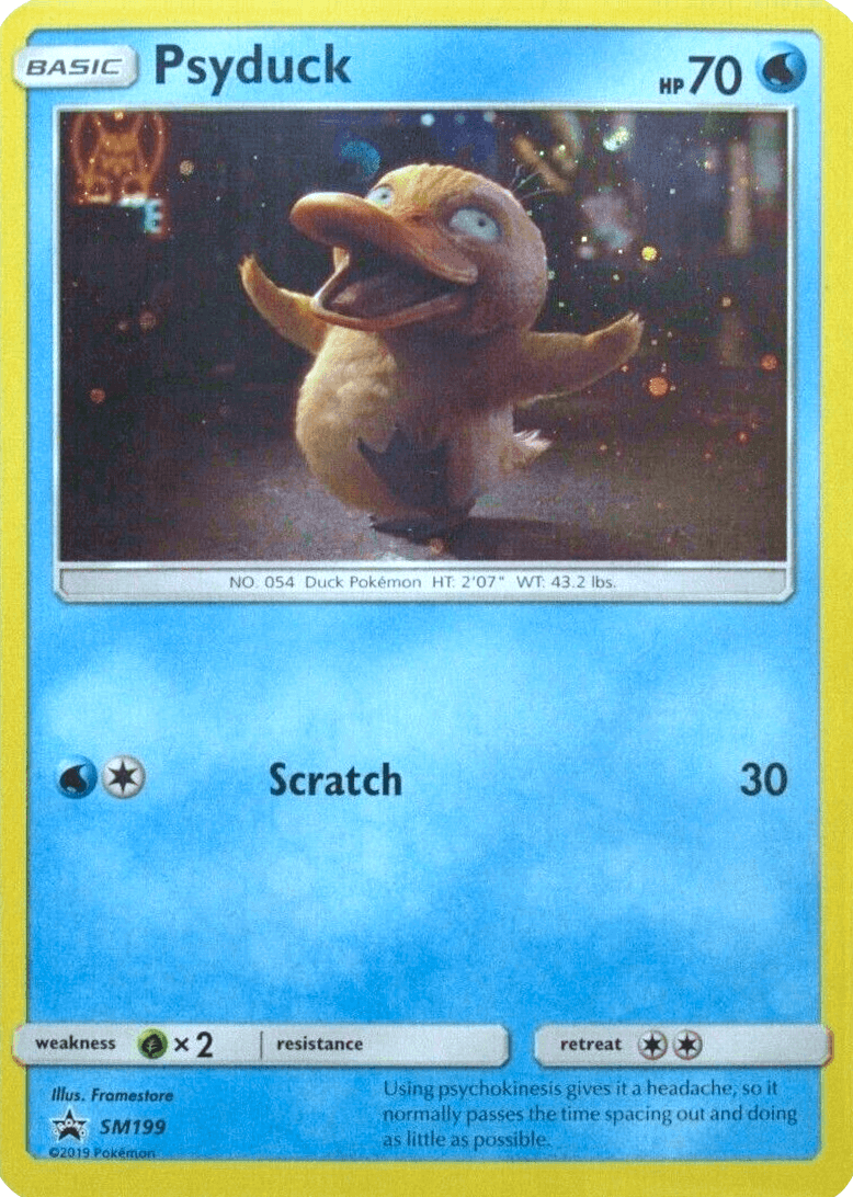 Psyduck (SM199) [Sun & Moon: Black Star Promos] featuring Psyduck in a playful pose with a colorful background.