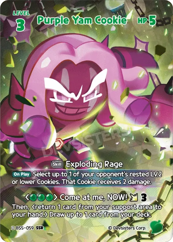 Purple Yam Cookie BS5-059 SSR | Super Secret Rare card showcasing its abilities and unique design.