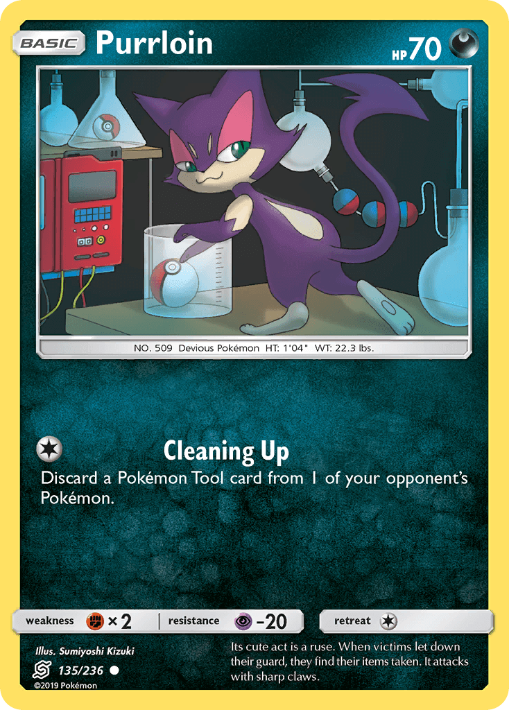 Purrloin (135/236) [Sun & Moon: Unified Minds] card with cleaning up action in a playful scene.