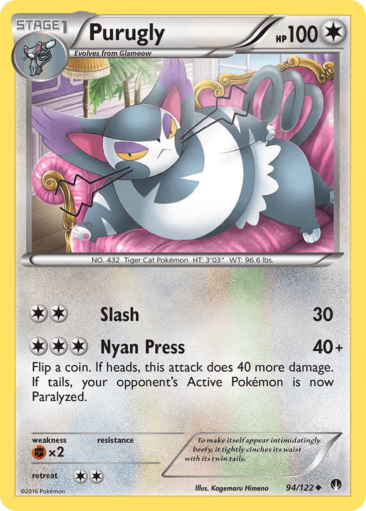 Purugly (94/122) [XY: BREAKpoint] collectible card featuring HP 100, attacks Slash and Nyan Press.