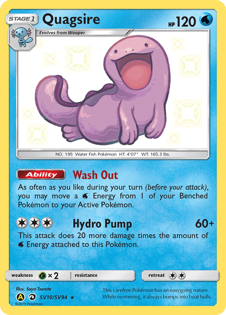 Quagsire (SV10/SV94) [Sun & Moon: Hidden Fates - Shiny Vault] card featuring Wash Out ability and Hydro Pump attack.