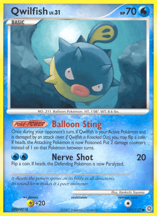 Qwilfish (101/132) [Diamond & Pearl: Secret Wonders] playing card with Water type attributes and game details.