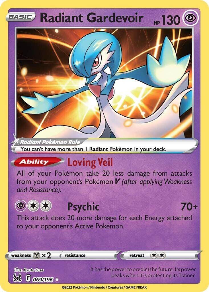 Radiant Gardevoir (069/196) [Sword & Shield: Lost Origin] card showcasing its Psychic abilities and rarity.