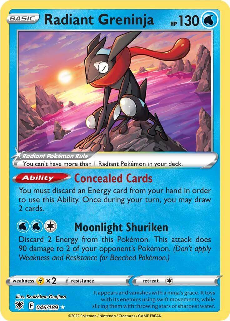Radiant Greninja (046/189) [Sword & Shield: Astral Radiance] card showcasing its abilities and rarity.