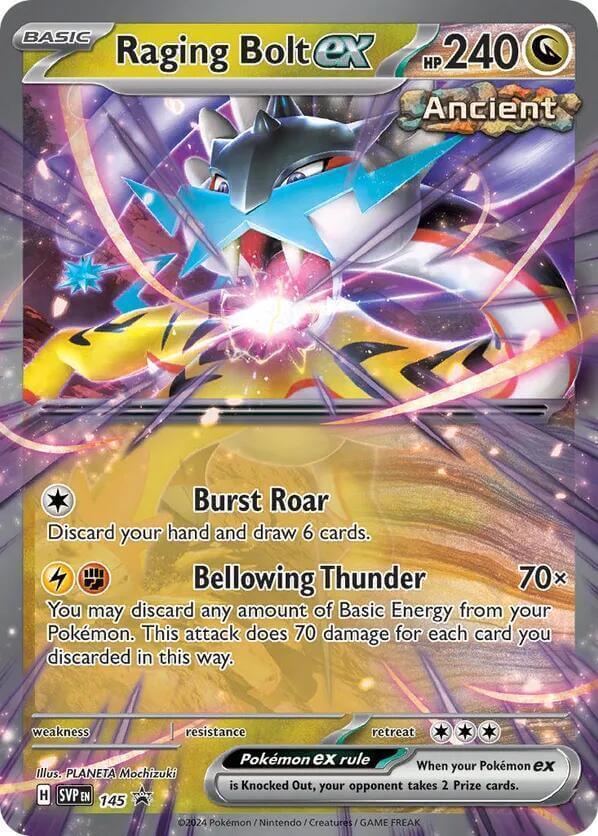 Raging Bolt ex (145) [SV: Scarlet & Violet Promo Cards] featuring Burst Roar and Bellowing Thunder attacks.