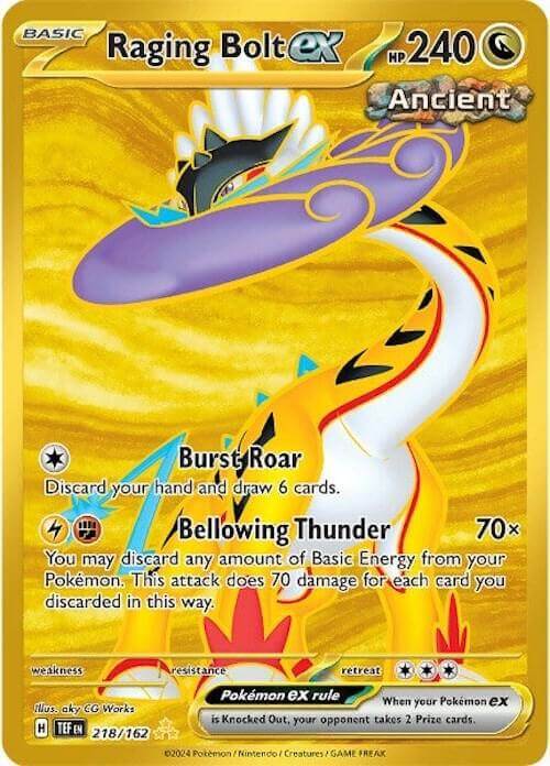 Raging Bolt ex (218/162) [Scarlet & Violet: Temporal Forces] card featuring Burst Roar and Bellowing Thunder moves