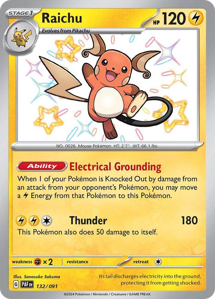 Raichu (132/091) [Scarlet & Violet: Paldean Fates] shiny rare card featuring lightning type abilities.