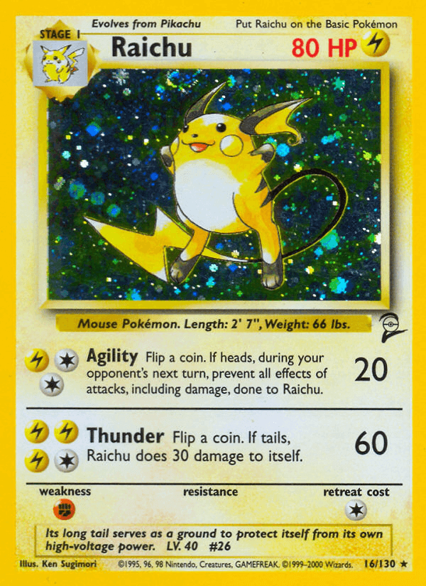 Raichu (16/130) [Base Set 2] Holo Rare card featuring Lightning type attack abilities.