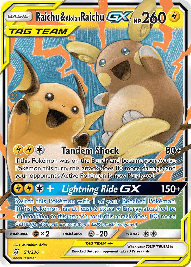 Raichu & Alolan Raichu GX (54/236) [Sun & Moon: Unified Minds] card with Lightning type attacks