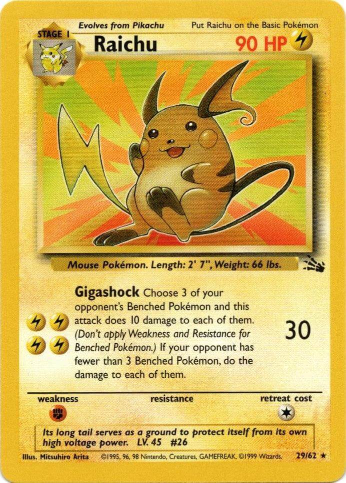 Raichu (29/62) [Fossil Unlimited] card featuring Gigashock attack and details, Rare Lightning type Pokémon.