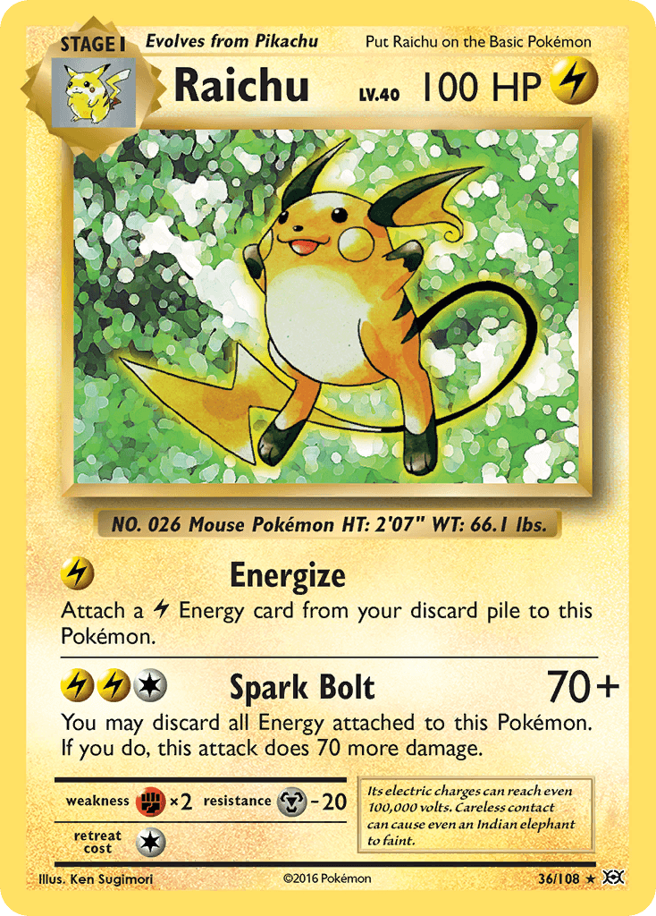 Raichu (36/108) [XY: Evolutions] card showing Energize and Spark Bolt moves, featuring Holo Rare Lightning type Pokémon.